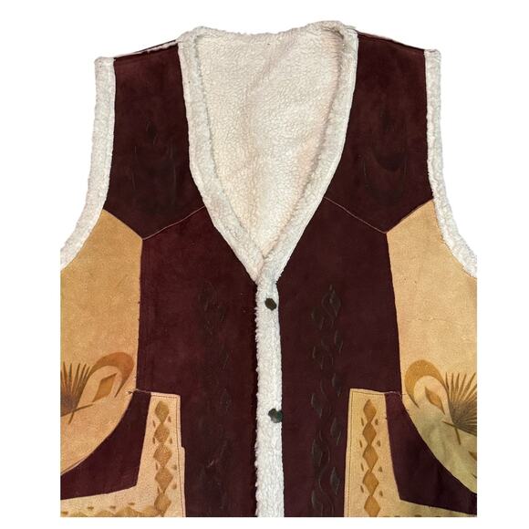 Vintage Pyrographed leather Suede Rooster Western Sherpa lined Vest size XL - Picture 6 of 16
